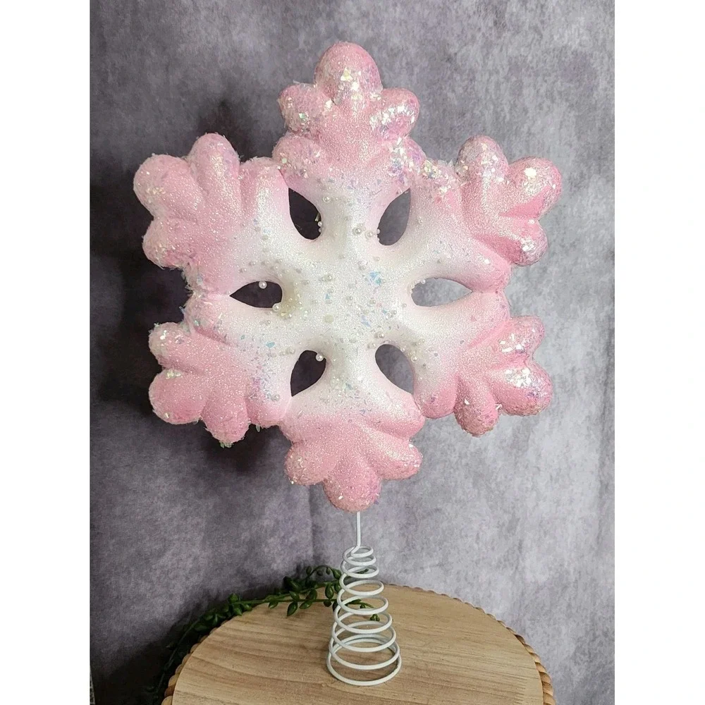 Pink & White Beaded Snowflake Christmas Tree Topper 15.5